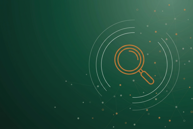 Orange magnifying glass line icon with radar arcs and network dots on deep green, for a Google AI Overviews search update