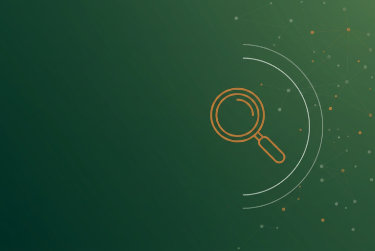 Orange magnifying glass with radar arcs and connected data nodes on dark green, symbolising search and social tracking