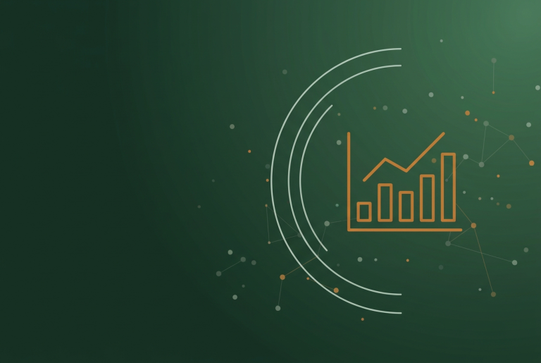 Orange line chart with radar arcs on deep green, symbolising Google ranking volatility and social search tracking