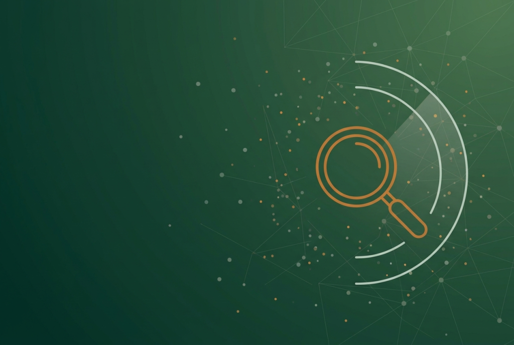 Orange outline magnifying glass with radar arcs and connected data nodes on a deep green background