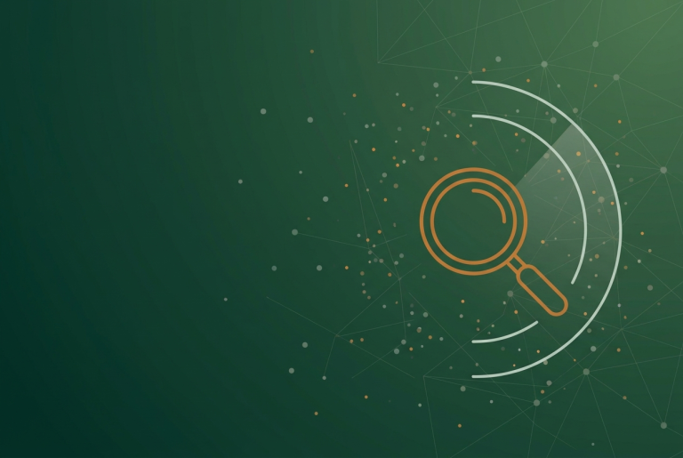 Orange outline magnifying glass with radar arcs and connected data nodes on a deep green background