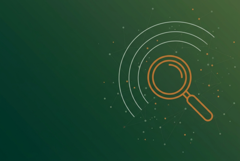 Orange magnifying glass line icon with radar arcs and data nodes on deep green, symbolising Google search changes
