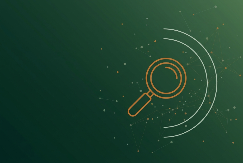 Burnt orange magnifying glass outline with radar arcs and dot network on deep green, for AI search update news