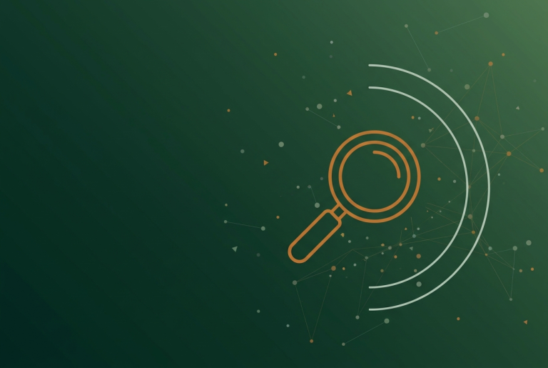 Burnt orange magnifying glass outline with radar arcs and dot network on deep green, for AI search update news