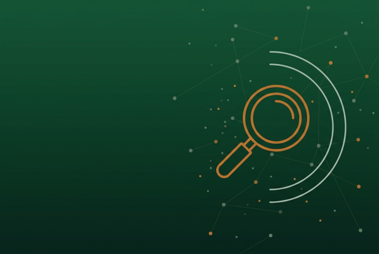 Magnifying glass icon with radar arcs and a node network, representing Search Console social post tracking