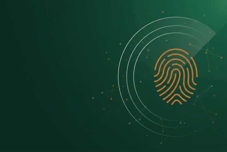 Orange fingerprint outline with radar arcs on dark green, for the Google Search human verification test