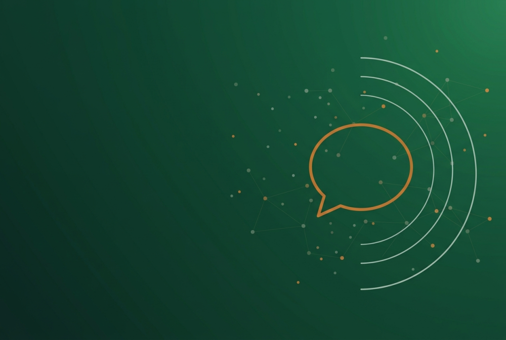 Orange speech bubble outline with radar arcs on dark green, for Search Console AI Mode queries