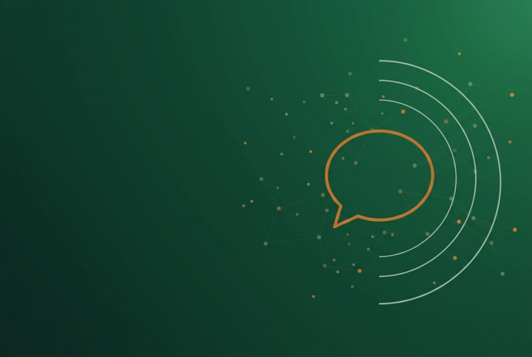 Orange speech bubble outline with radar arcs on dark green, for Search Console AI Mode queries