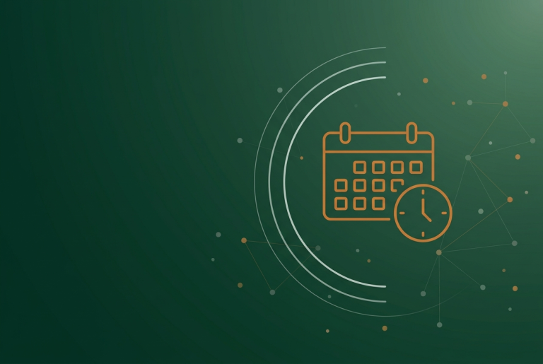 Orange calendar and clock outline on dark green, marking the search and social weekly recap