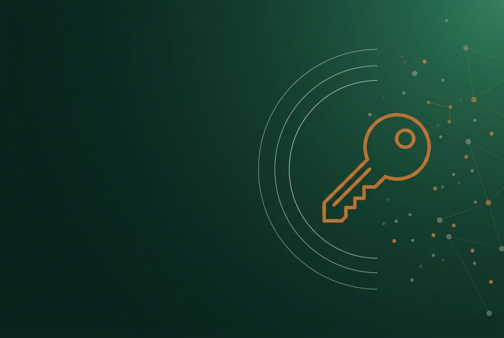 Orange outline key icon on a dark green background, for the August 2026 Google Ads account security brief