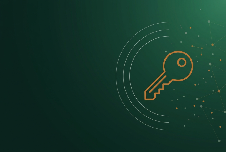 Orange outline key icon on a dark green background, for the August 2026 Google Ads account security brief