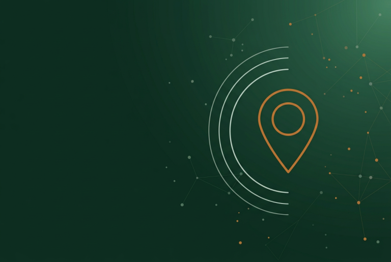 Orange map pin outline with radar arcs on dark green, for the Google local inventory ads change