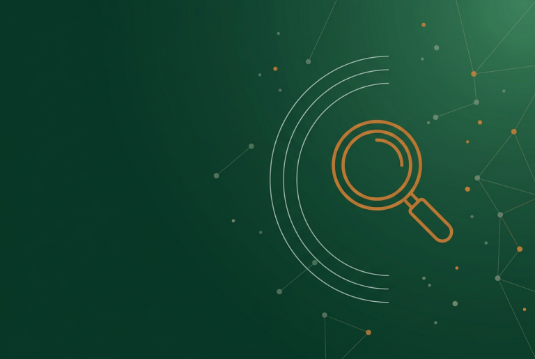 Orange magnifying glass outline with radar arcs on green, for Google Search Console social reporting