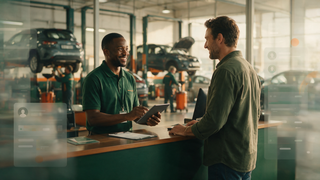 A service advisor with a tablet greeting a customer at a South African dealership service reception, workshop bays behind