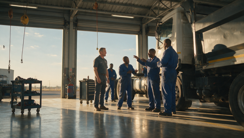 Service manager listening to diesel technicians beside a truck in a South African commercial vehicle workshop at sunrise