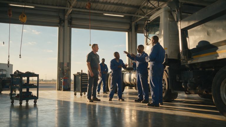 Service manager listening to diesel technicians beside a truck in a South African commercial vehicle workshop at sunrise