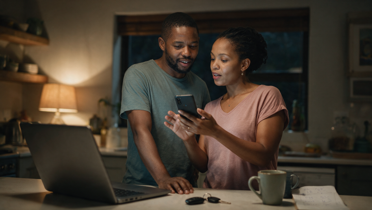 A South African couple researching a car purchase on a phone at their kitchen counter in the evening, laptop and car keys beside them