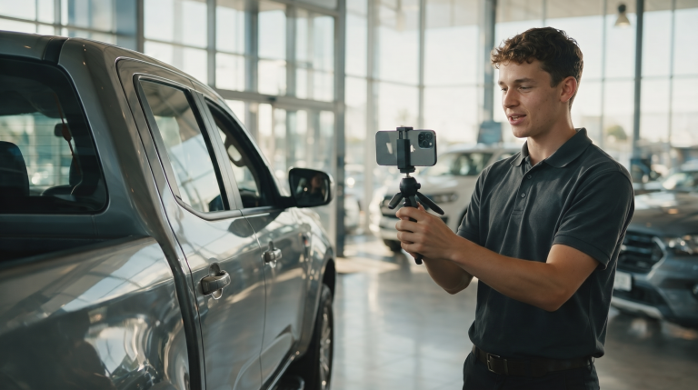 Salesperson filming a walkaround video of a bakkie on a phone mounted to a small tripod in a South African dealership showroom