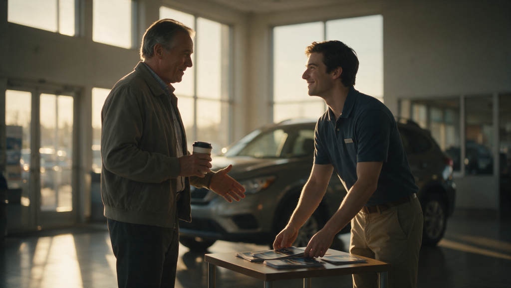 A dealership manager arriving with a coffee and greeting a younger colleague setting up the showroom in early morning light