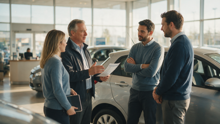 A dealership sales manager holding a printed report while briefing three sales staff beside a car on the showroom floor