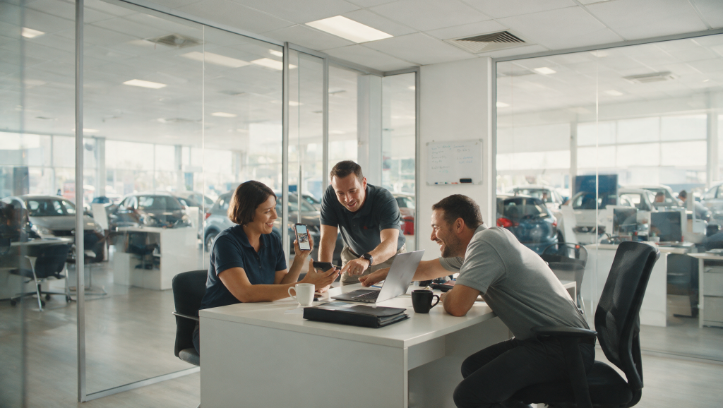 Three salespeople in a South African dealership sales office looking at a social media post on a phone together, showroom visible behind them