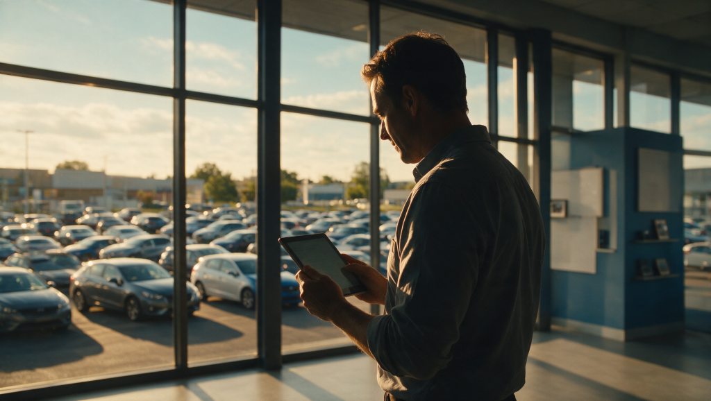 A dealer principal holding a tablet at a window overlooking rows of vehicles on a dealership forecourt