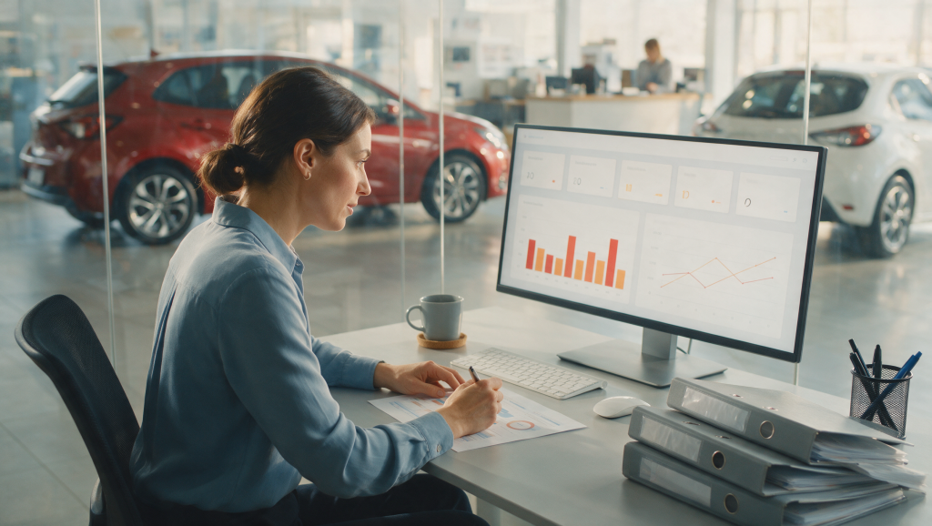 A dealership marketing manager reviewing an analytics dashboard on a monitor in a glass-walled showroom office