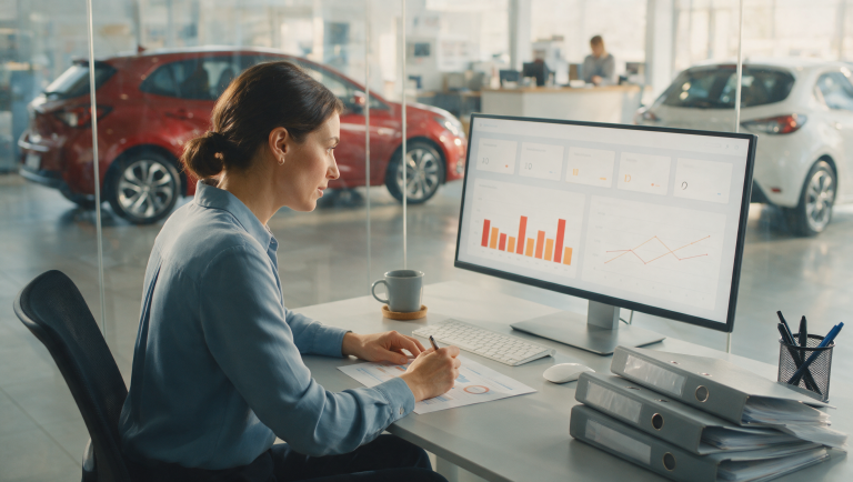 A dealership marketing manager reviewing an analytics dashboard on a monitor in a glass-walled showroom office