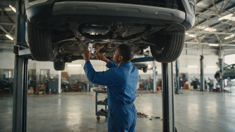 A technician filming a video inspection on a phone under a car raised on a hoist in a South African dealership workshop