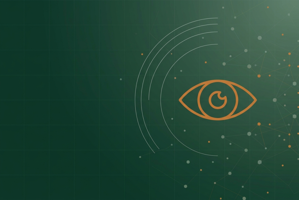 Orange outline eye with radar arcs on dark green, for the Search Console generative AI report