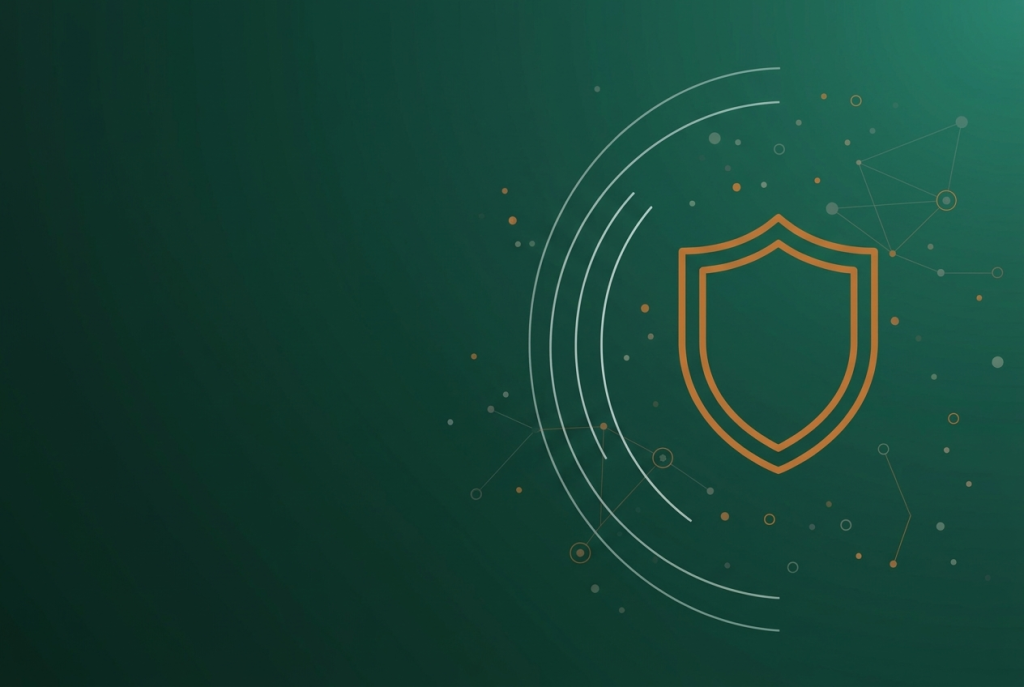 Orange outline shield and radar arcs on dark green, illustrating Google Ads AI Max invalid traffic
