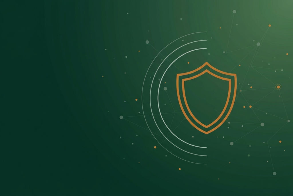 Thin orange shield outline on dark green, marking the Google August 2026 spam update