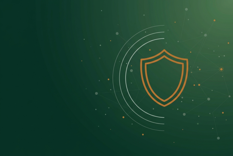 Thin orange shield outline on dark green, marking the Google August 2026 spam update