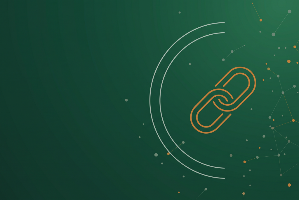 Thin orange chain link outline on dark green, marking a brief on JavaScript links and AI crawlers