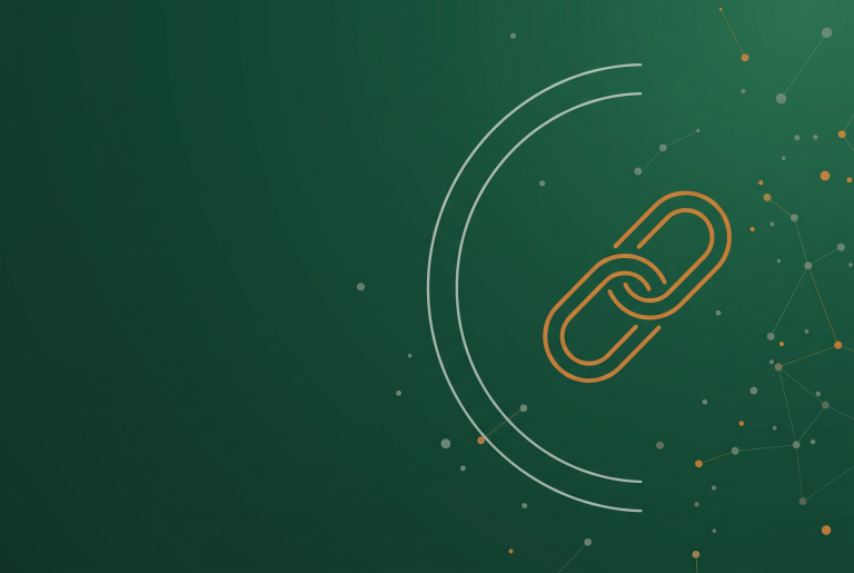 Thin orange chain link outline on dark green, marking a brief on JavaScript links and AI crawlers