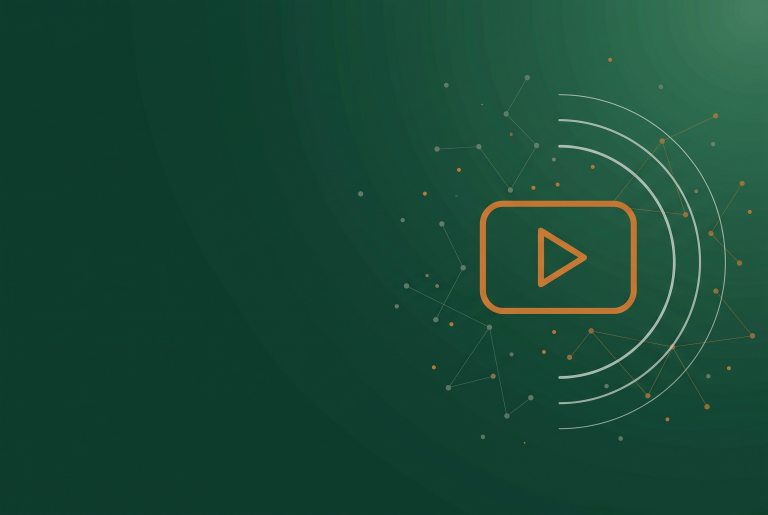 Thin orange play button outline on dark green, marking a brief on the Google video carousel drop