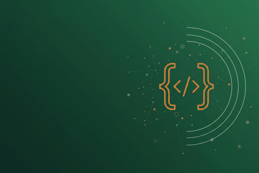 Thin orange code bracket outline on dark green, marking a brief on Google structured data escaping