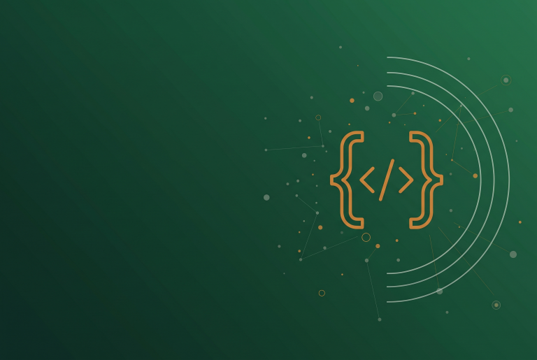 Thin orange code bracket outline on dark green, marking a brief on Google structured data escaping