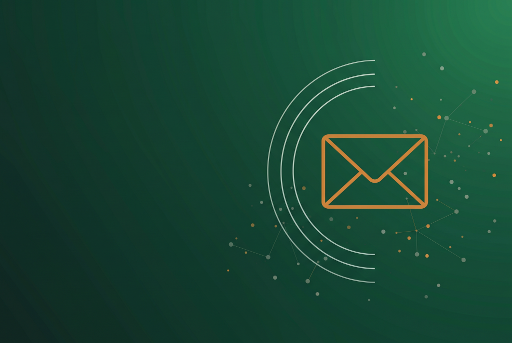 Thin orange envelope outline on dark green, marking a brief on false Search Console owner emails