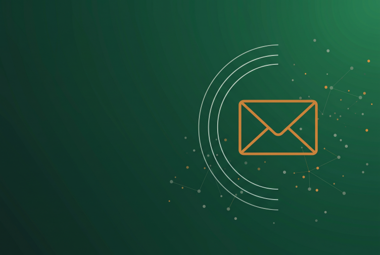 Thin orange envelope outline on dark green, marking a brief on false Search Console owner emails