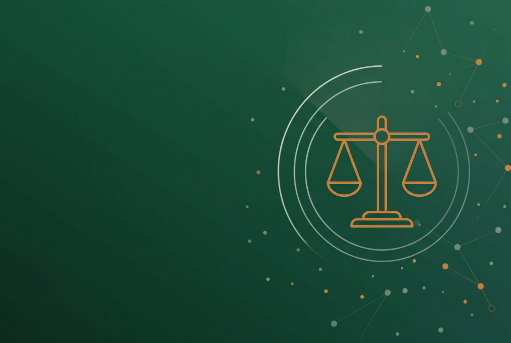 Orange balance scale outline icon on dark green, showing Google search penalty rules changing by region