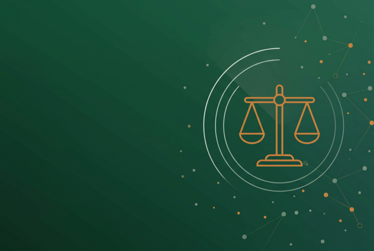 Orange balance scale outline icon on dark green, showing Google search penalty rules changing by region