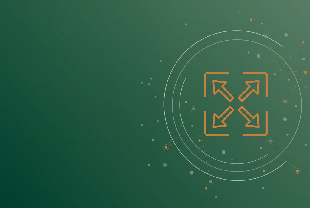 Orange expand arrows icon on dark green, showing Google AI Overviews expanding to fill the page