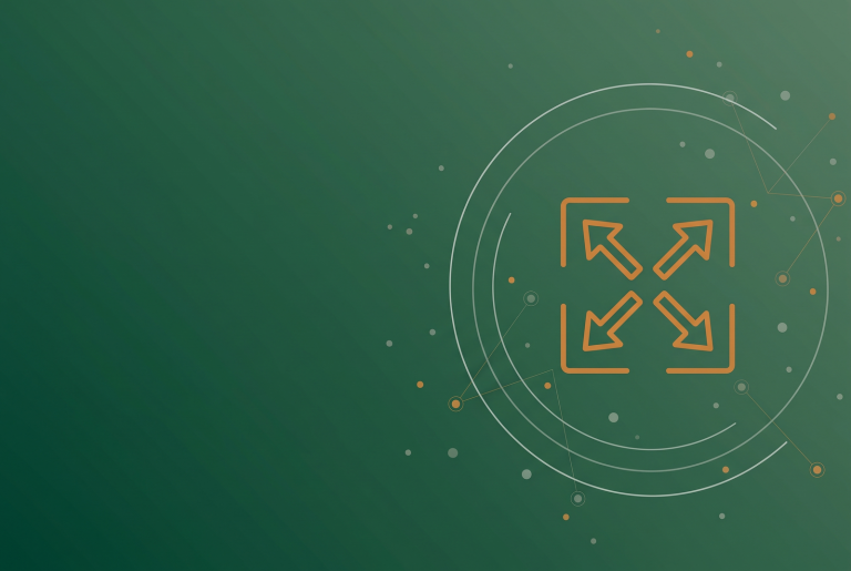 Orange expand arrows icon on dark green, showing Google AI Overviews expanding to fill the page