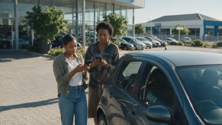 Two young South African car buyers checking their phones beside a hatchback on a dealership forecourt, salesperson waiting behind them