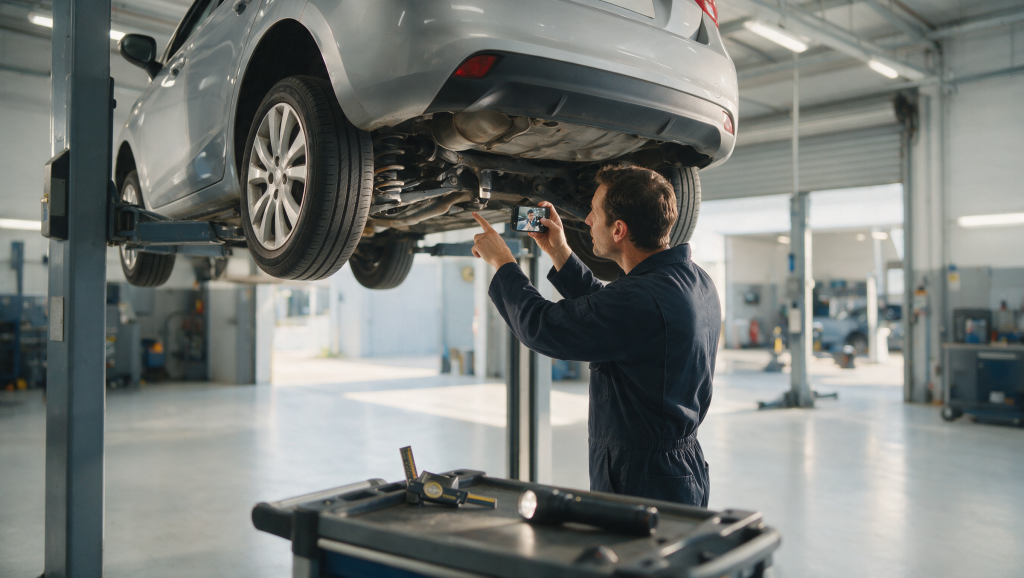 A technician filming the underside of a car raised on a workshop lift while pointing at a suspension component