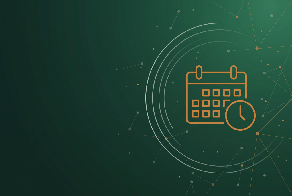 Orange calendar and clock outline icon on dark green, marking the weekly search and social recap