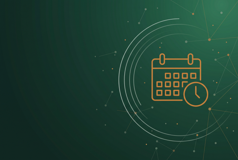Orange calendar and clock outline icon on dark green, marking the weekly search and social recap