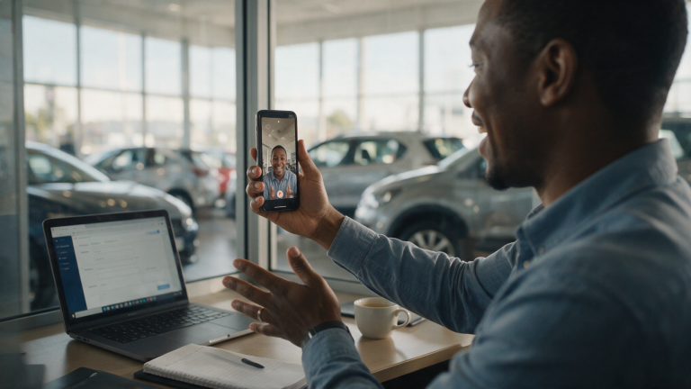 A salesperson at a desk in a South African dealership recording a short video reply to a customer enquiry on a phone, showroom cars behind