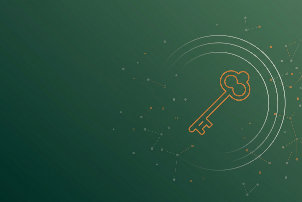 Orange outline key icon on dark green, marking the August 2026 search and social recap